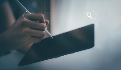 Searching Browsing Internet Data Information with Blank Search Bar. Businesswoman Working with Tablet and Smart Pencil on Hand in Office. Find Support Type and Plan that Works Best for Your Needs.