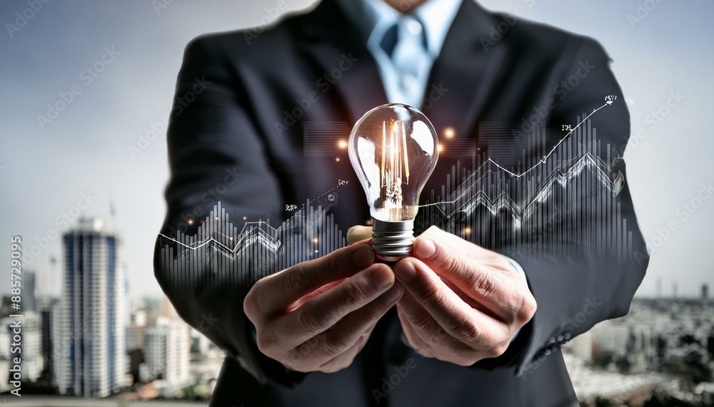 Poster businessman holding creative light bulb with growth graph, analytics icons. utilizing analytics tech