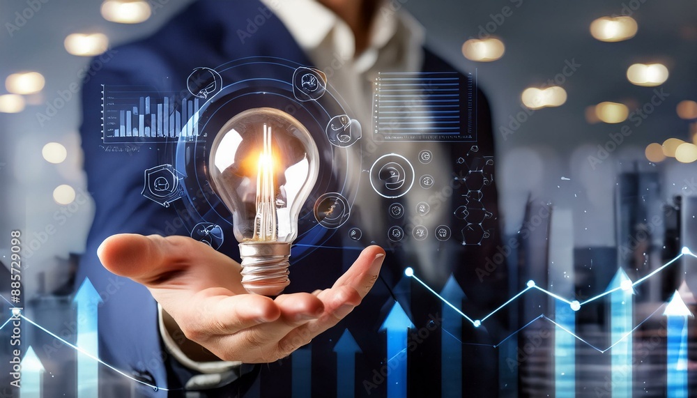 Poster businessman holding creative light bulb with growth graph, analytics icons. utilizing analytics tech