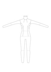 Female Fashion template 8 eight head medium Croquis with main lines model skinny body figure front view, open arms. Vector isolated sketch outline female for Fashion Design, technical drawing
