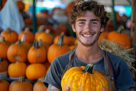 Caucasian merchant selling pumpkins in the market.