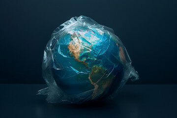 Earth globe in plastic bag on orange background. Environmental pollution and contamination problem concept. Ecology protection, waste reduce