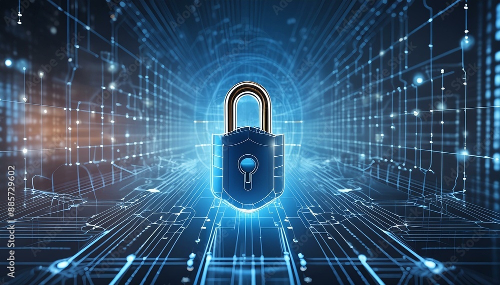 Poster digital padlock for computing system on dark blue background, cyber security technology for fraud pr