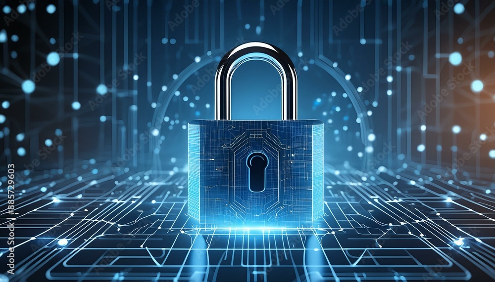 Poster digital padlock for computing system on dark blue background, cyber security technology for fraud pr
