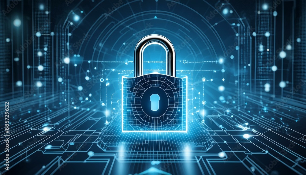 Aufkleber digital padlock for computing system on dark blue background, cyber security technology for fraud pr