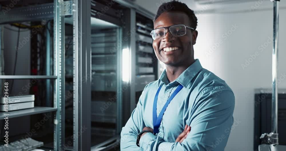 Poster Server, man or face for technology as computer engineer or arms crossed as specialist in data center. Developer, happy or confident portrait as technician or it infrastructure for network programming