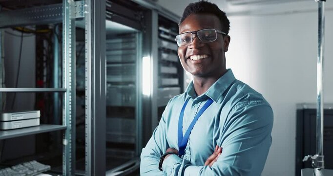 Server, man or face for technology as computer engineer or arms crossed as specialist in data center. Developer, happy or confident portrait as technician or it infrastructure for network programming