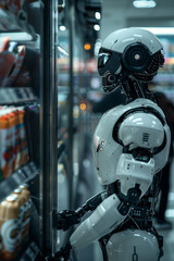 Fototapeta premium Futuristic robots working in supermarkets.