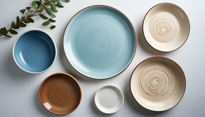 Empty ceramic plates on white background top view