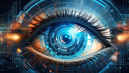 Futuristic cybernetic eye with digital interface overlay