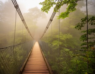 Obraz premium Misty forest suspension bridge amidst lush foliage