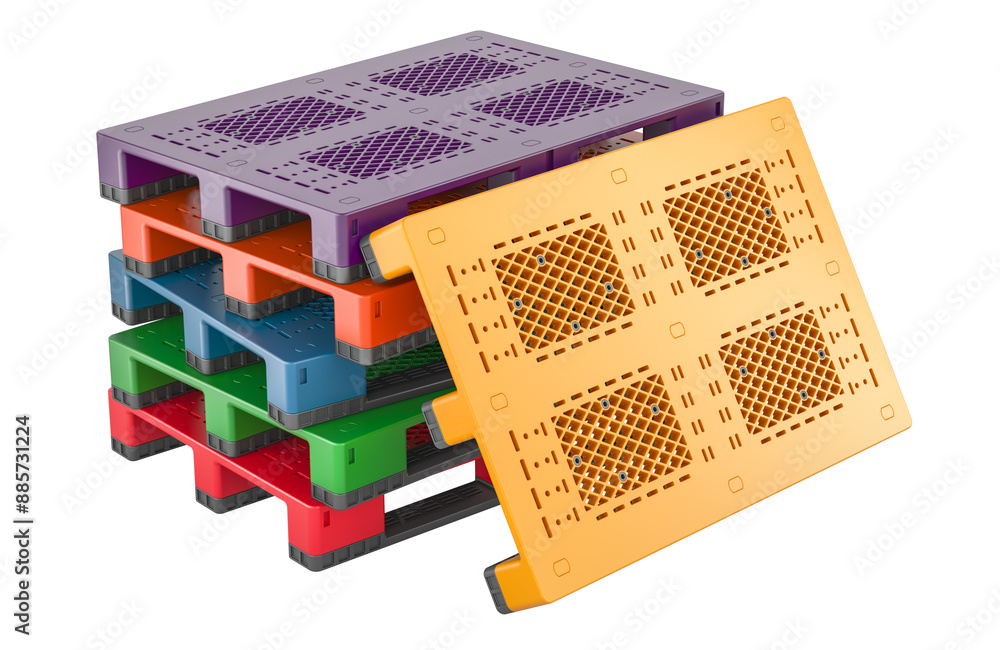 Poster colored plastic pallets, 3d rendering isolated on transparent background