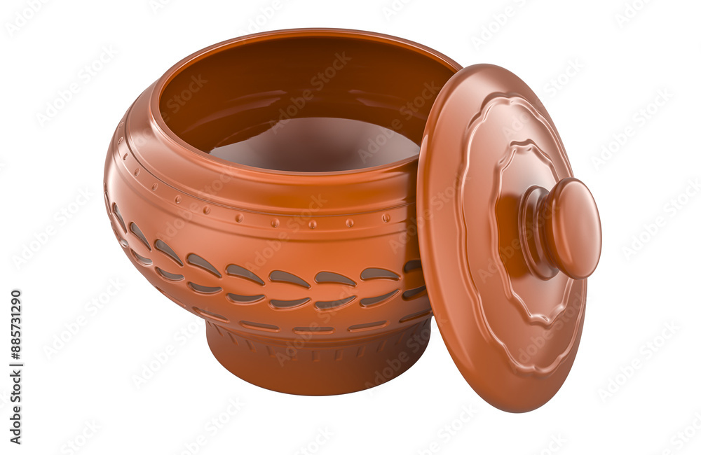 Poster opened empty clay pot with lid, 3d rendering isolated on transparent background