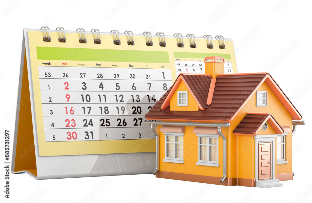 Poster desk calendar with home, 3d rendering isolated on transparent background