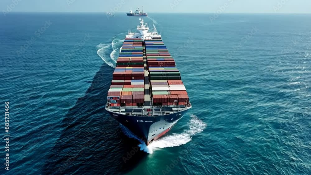 Poster aerial view of container ship on open ocean generative ai