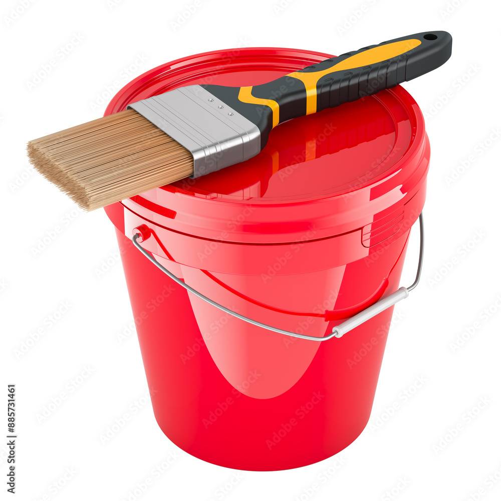 Poster red paint bucket with paint brush. 3d rendering isolated on transparent background