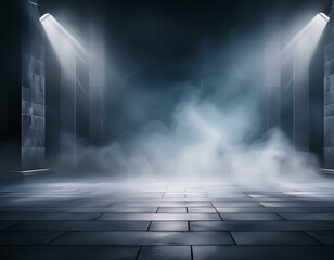 platform abstract stage texture fog spotlight. Dark black floor podium dramatic empty night room table concrete wall scene place display studio smoky dust