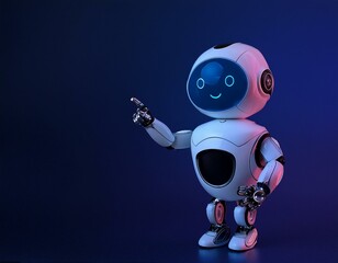 Positive cute robot pointing at a space. Copy space, ai generated