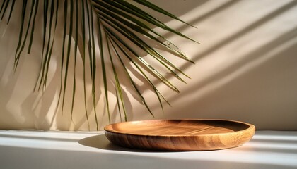 Obraz premium Serene home interior with wooden plate and shadow of a palm leaf