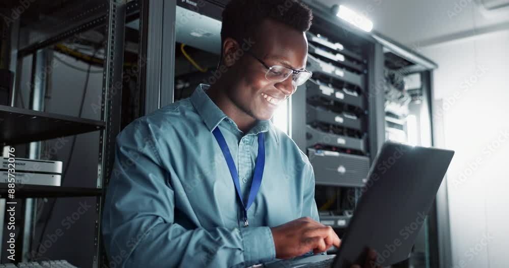 Aufkleber Happy man, technician and laptop in server room for database update, cyber security or code. Computer, smile and African engineer in data center for information technology, typing and programming