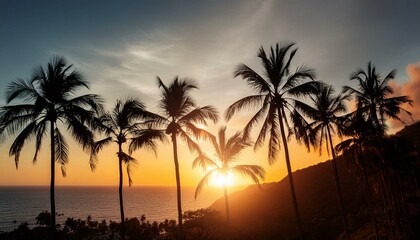 Tropical sunset silhouette with palm trees