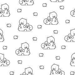 Cute kawaii pomeranian dog. Seamless pattern. Coloring Page. Cartoon character. Vector drawing. Design ornaments.