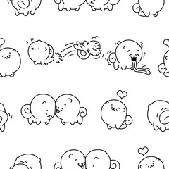 Cute kawaii pomeranian dog. Seamless pattern. Coloring Page. Cartoon character. Vector drawing. Design ornaments.
