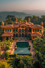 Obraz premium Aerial view of a luxury Indian-style hilltop mansion.