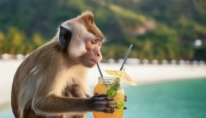 Young monkey enjoying a tropical drink on the beach