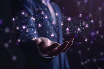 digital hologram of business network with people icons connected by lines on hand in dark blue suit holding it close to camera, background is blurred and black Generative AI
