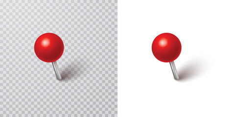 Pin with shadow isolated on transparent and white background. Vector 3d red plastic pushpin, sewing needle or board tack for paper notice