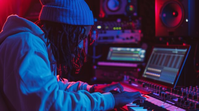 Recording studio with hip-hop songwriters composing songs with piano