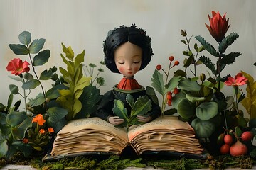 A whimsical 3D illustration of a character immersed in a vegetarian cookbook