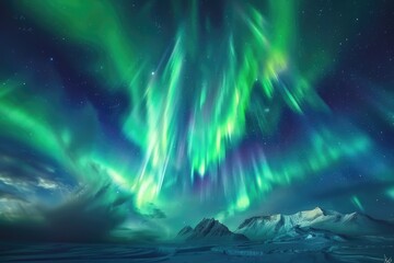 Aurora borealis illuminates the dark sky with vibrant colors
