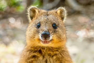 Fototapeta premium Closeup of a friendly quokka in the wild with a natural blurred background