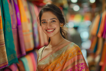 Young Indian woman smiling with confidence in sari shop.