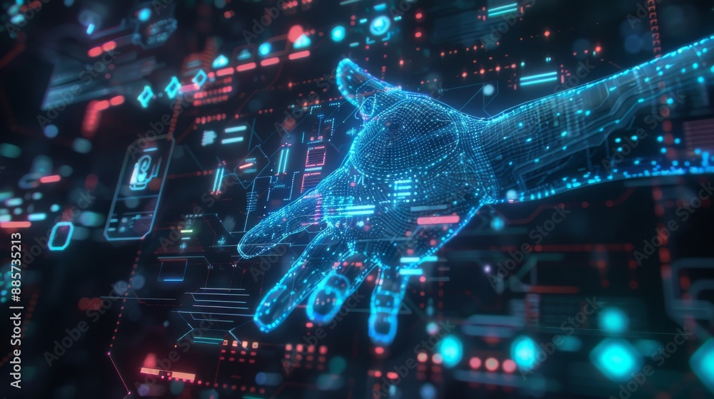 Poster the hand of a hacker reaching out from a digital screen represents a cyber attack that compromises d