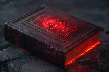 A book sitting on top of a rock illuminated by red light, great for themes about reading, knowledge, and introspection