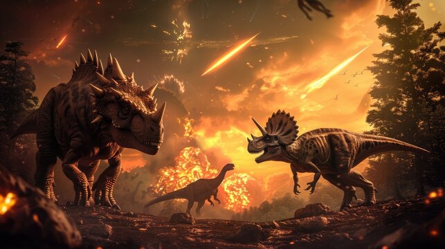 Fototapeta AI-generated majestic dinosaurs in a prehistoric landscape. Global Earth disaster. The concept of dinosaur extinction.