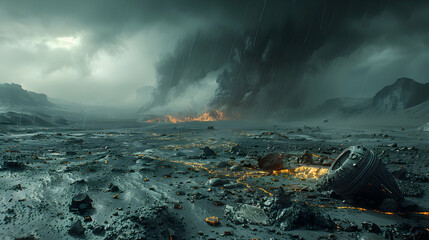 Fototapeta premium A dystopian solar planet with dark, stormy skies and a barren landscape