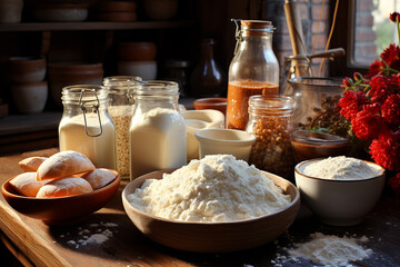 Fototapeta premium Home baking, with flour-dusted countertop and mixing bowls filled with ingredients for a homemade pastry on rustic kitchen