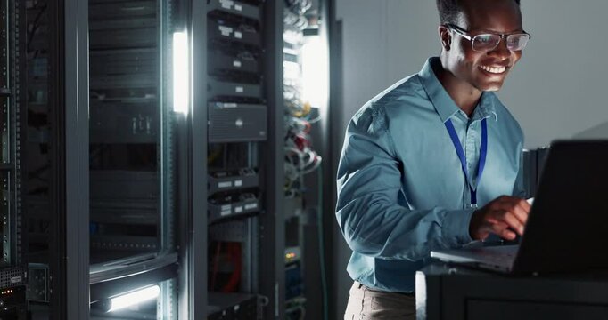 Happy black man, engineer and technology in server room for cyber security, coding or update database. Smile, tablet and technician with laptop in data center for information or programming software