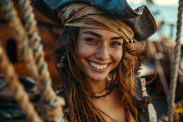 Caucasian woman in pirate costume sailing on the sea.