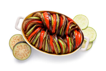 Baking dish of tasty Ratatouille on white background