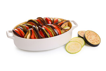 Baking dish of tasty Ratatouille on white background