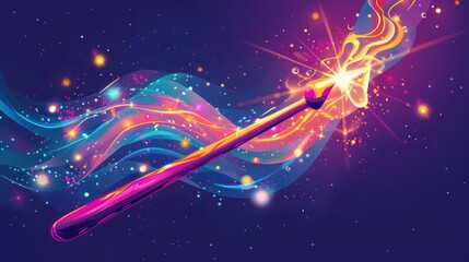 Magic wand, casting spells with swirling effects, flat design illustration