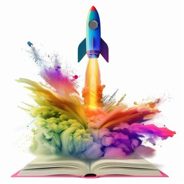 a rocket launching from a book clipart, imagination and learning concept, digital art, colorful, isolated on white background