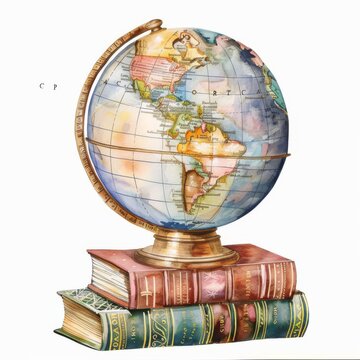 a globe with book stack clipart, global education symbol, watercolor illustration, earth tones, isolated on white background