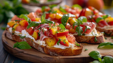Aromatic bright bruschetta with cream cheese, peaches,  jamon, basil  on a beautiful plate