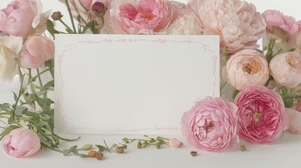 White Card Surrounded by Pink Flowers and Greenery
